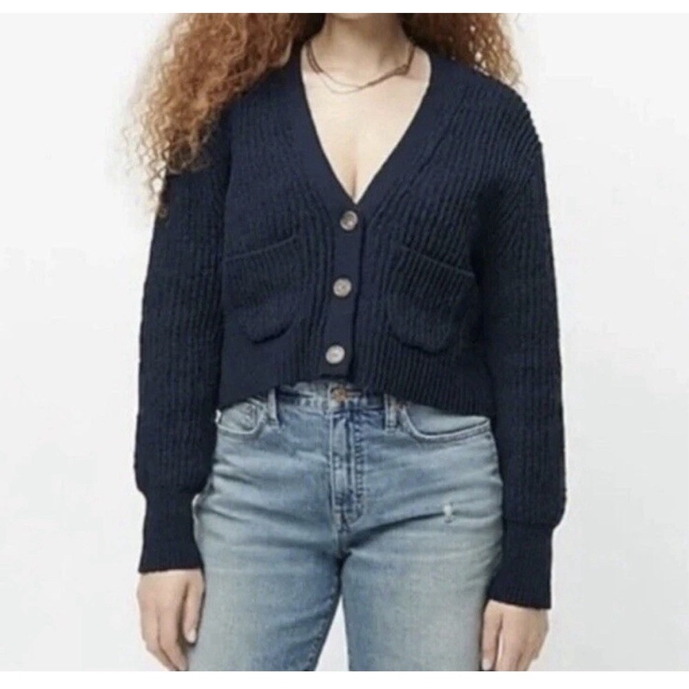 J. Crew Womens Sz L Heavy Navy Blue Cropped Patch Pocket ‎ Knit Cardigan Sweater